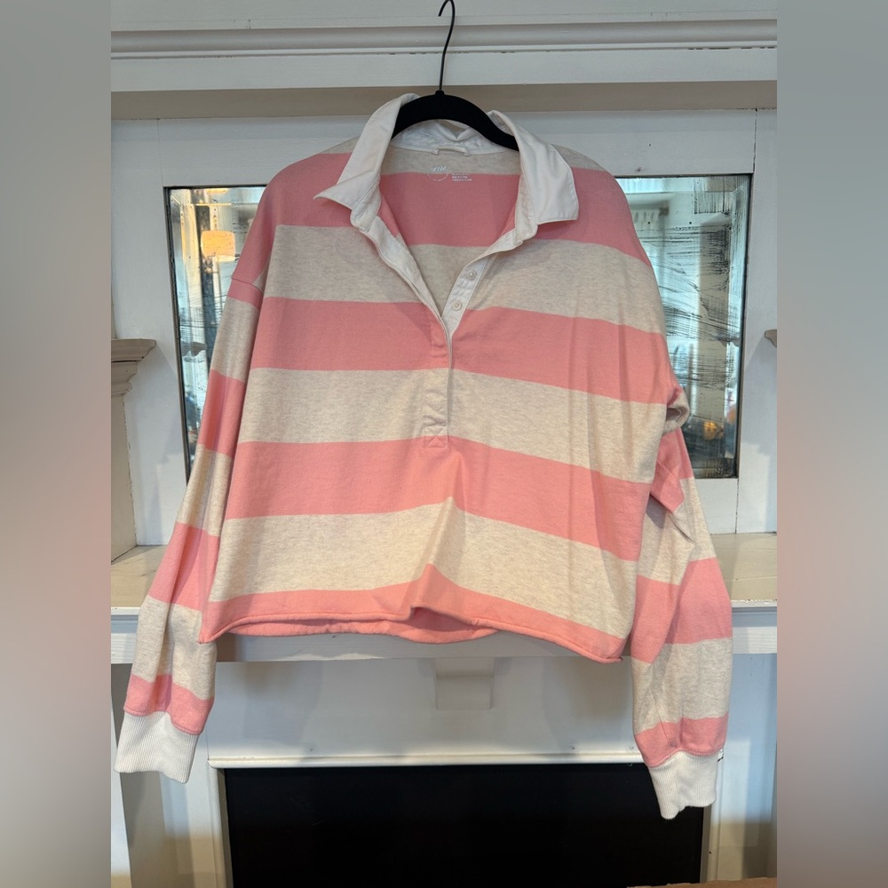 Aerie Pink and Cream Striped Long Sleeve Rugby Crop